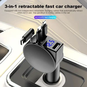 60W Fast Charger 3 In 1 Retractable Car Cigarette Lighter Adapter